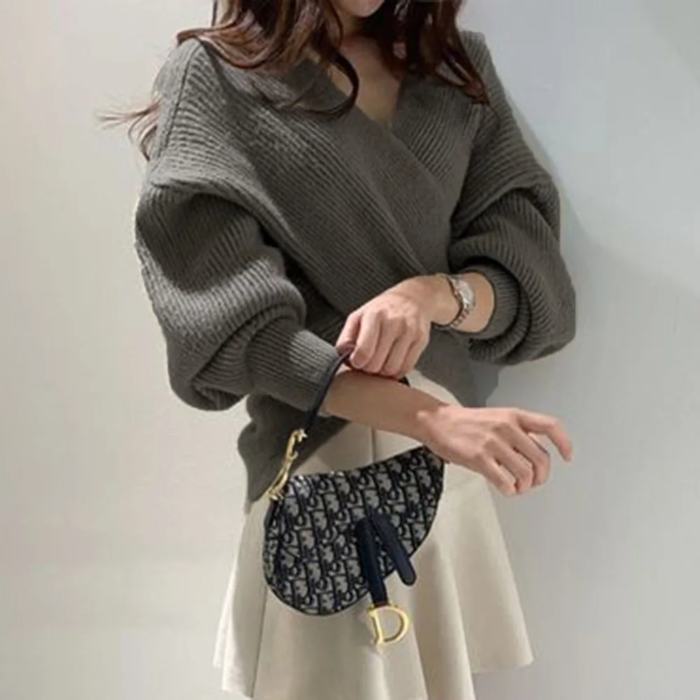 V Neck Twisted Back Sweater Women Korean Elegant OL Chic Knitted Pullovers Casual Tops Long Sleeve Solid Loose Jumper pull femm | Женская