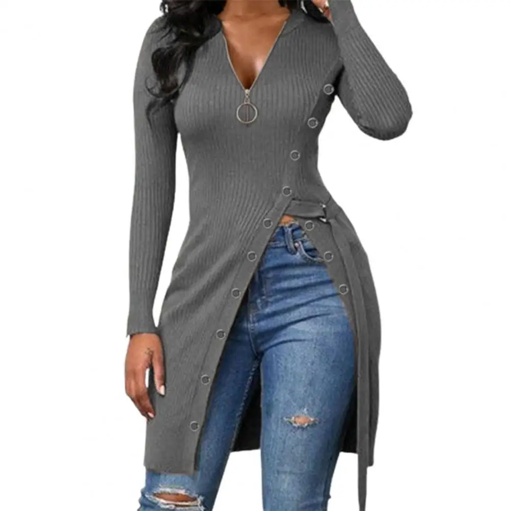 

Long Sleeve Ribbed Women Blouse 2021 Autumn Lady Shirt Solid Color High Split Long V Neck Ribbed Women Sweater Casual Loose Tops