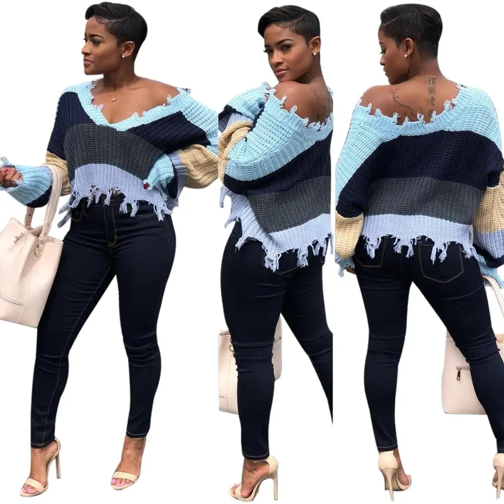 Wjustforu Striepd Ripped Sweater Pullovers Ladies Knitting Fashion Casual Tassel Frayed Sweaters Long Sleeve Pullover Tops | Женская