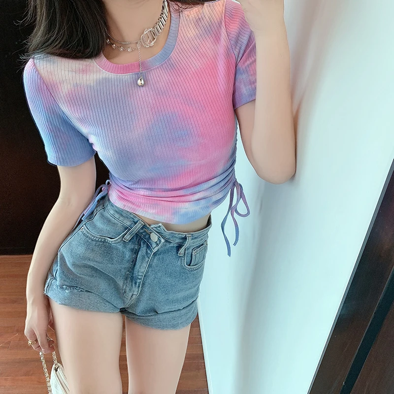 

Short-Sleeved T-shirt Women's New 2021 Summer round Neck Tie-Dyed Drawstring Scheming Tops Slim Hong Kong Style Bottoming Shirt
