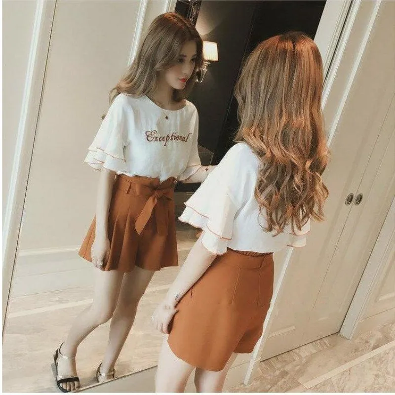 

Women's Summer Suit 2021 New Fashion Top Shorts Two-Piece Girl Casual Letter T-Shirt Clothing Shirts High Waist Sexy Pants Set