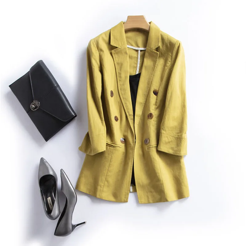 Женский двубортный блейзер из хлопка и льна офисные костюмы с карманами