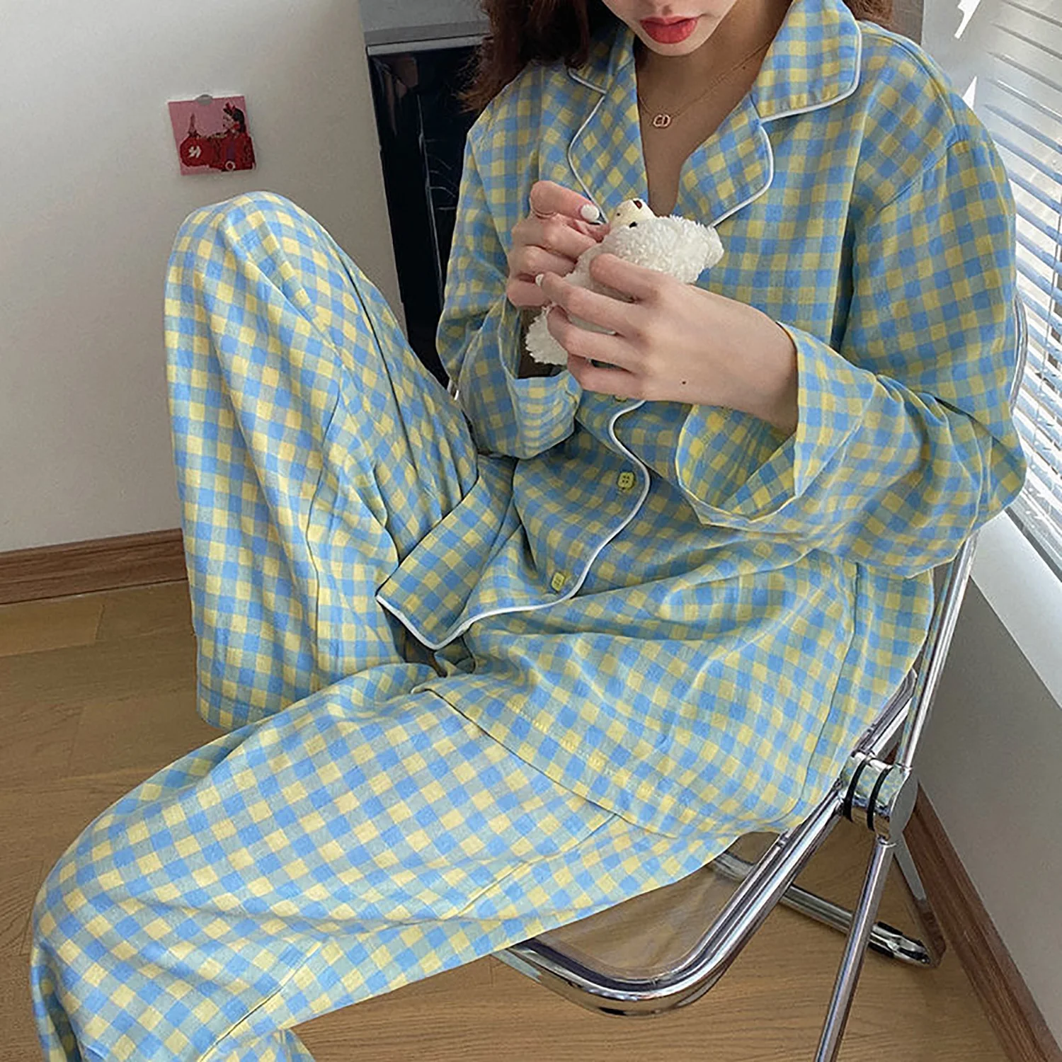 

Women Pajamas Set Girls Long Sleeve Loose Suit Homewear Korean Grid Spring Leisure Sleepwear Women's Nightwear