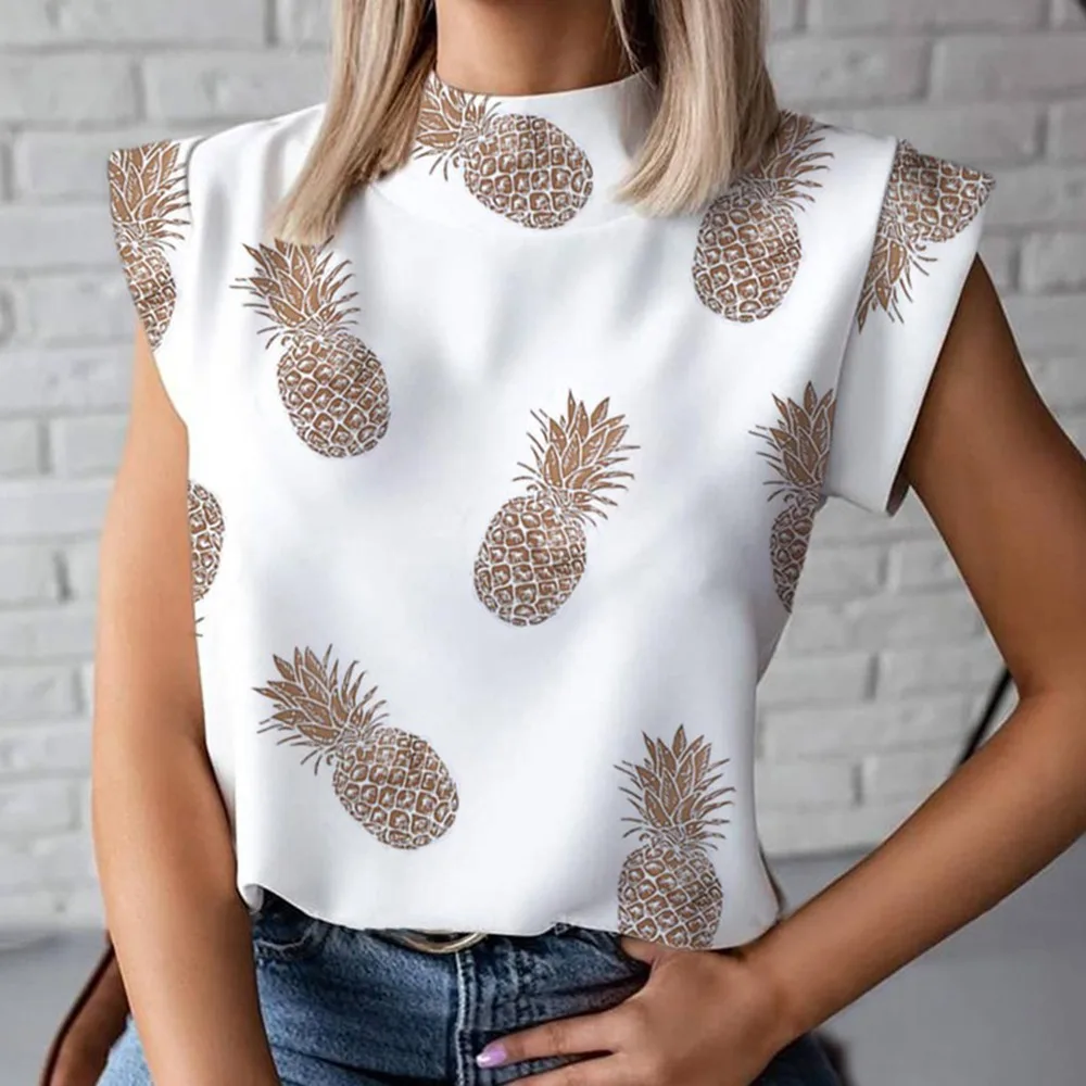 

Women Elegant Chain Print blouse shirts New Summer Casual Stand Neck Pullovers tops Lady 2XL Fashion cute Eye Short Sleeve