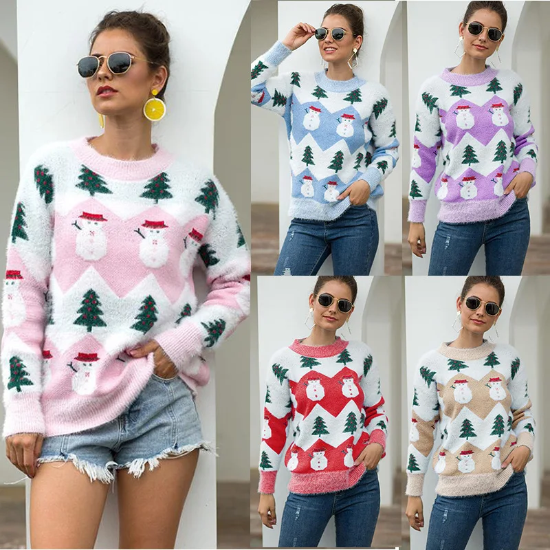 

ZJZLL Wholesale Tops Autumn Winter New Design Womens Long Sleeve Pullovers Christmas Tree Snowman Knitted Ladies Sweater Coat
