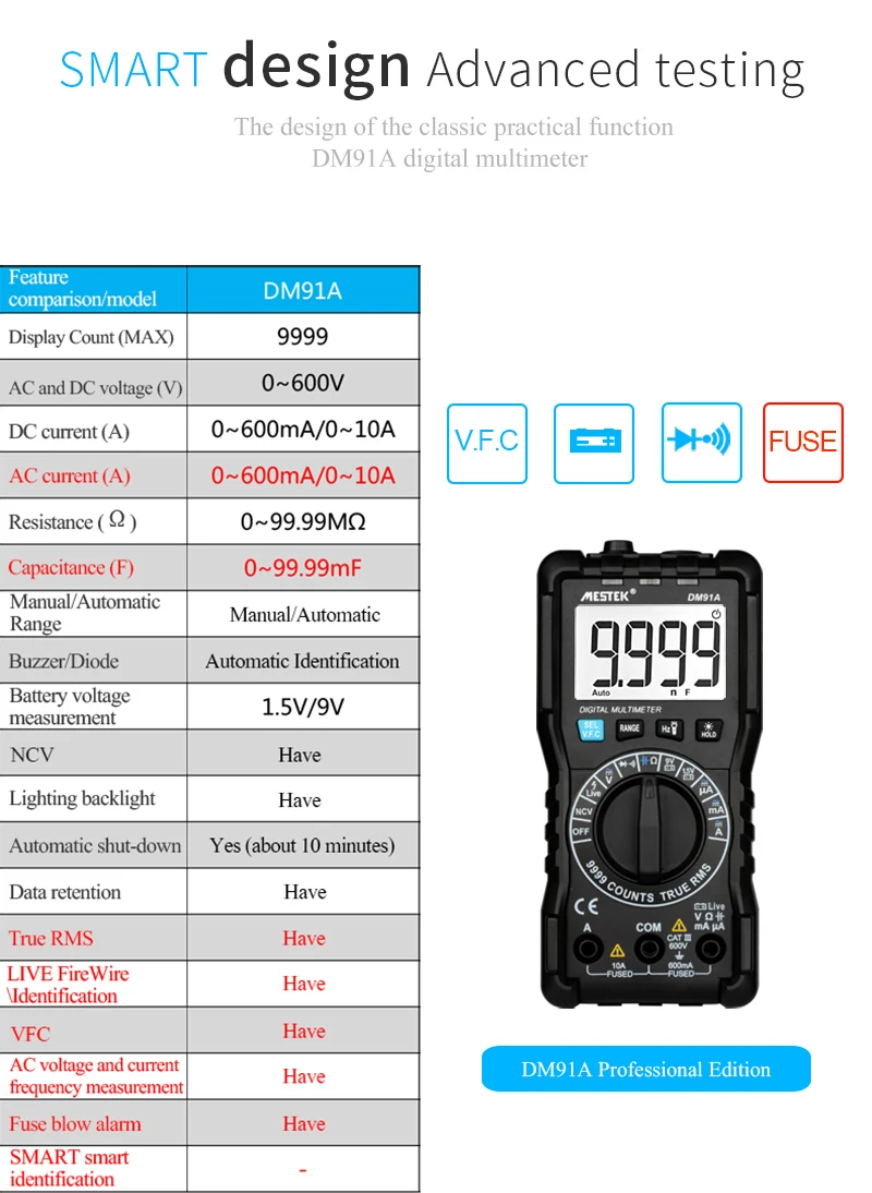 MESTEK DM91A мини-мультиметр, цифровой мультиметр, 9999 отсчетов, Автоматический диапазон напряжения, амперметр, метр, мультиметр, мультитестер