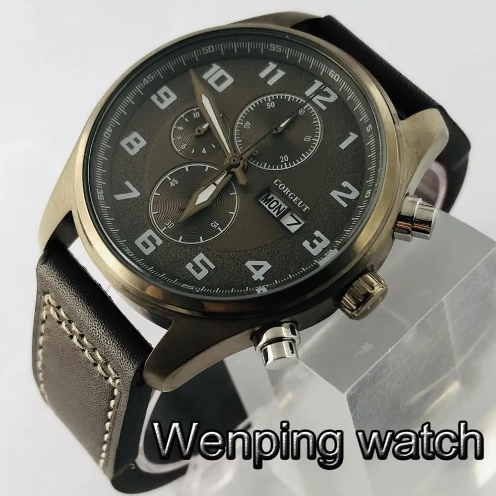 Corgeut 41 мм часы хронограф с медным покрытием чехол циферблатом Дата Неделя