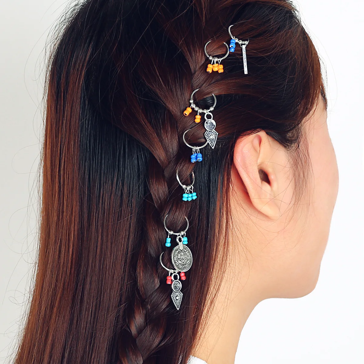 

Vintage Braid Hairpin Ethnic Style Coin Leaves Retro Colorful Beads Pendant Charms Rings Clip Boho Beads Hip-hop Braider Clip