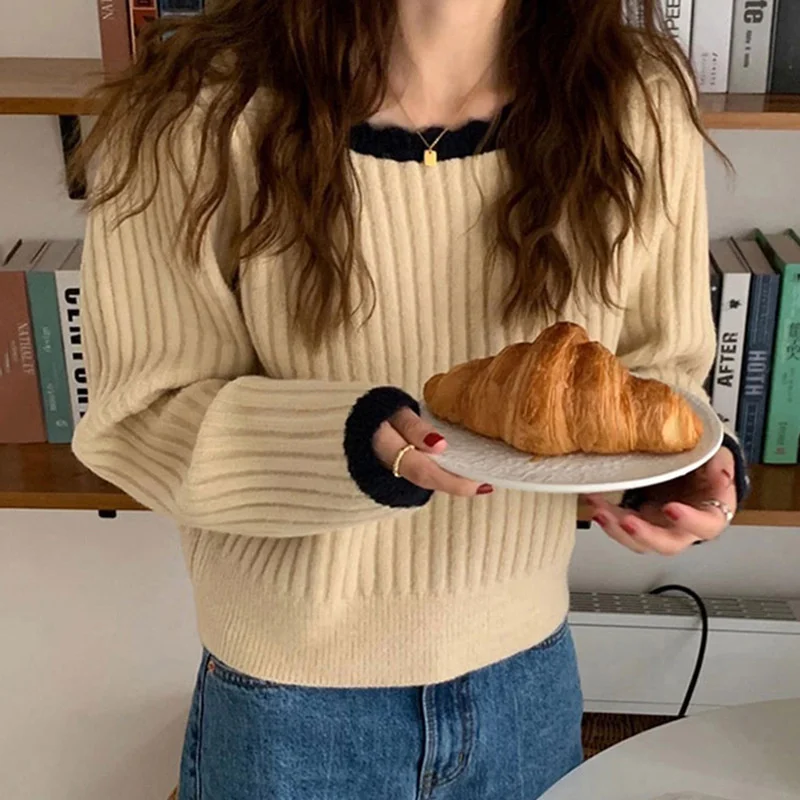 

Женский свободный свитер с длинными рукавами, шикарный Универсальный свитер в Корейском стиле с круглым вырезом и контрастными вставками, ...