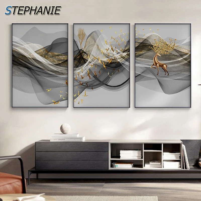 

Abstract Black White Fabric Canvas Painting Golden Deer Tree Poster Print Nordic Decor Wall Art Pictures for Living Room Bedroom