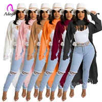 knitted women sweater solid long sleeve tassel cloak 2022 autumn winter new ripped workout activewear vintage fashion pullovers