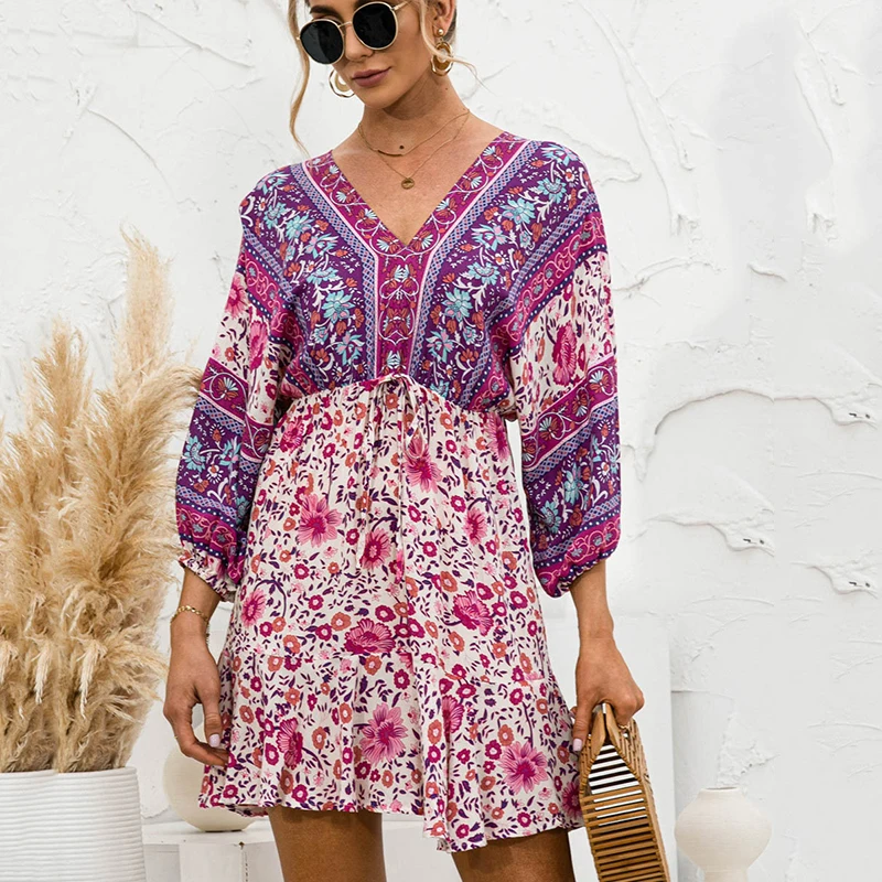 

Holiday Mini Women beach Dress Summer Floral Print dress 2021 Sexy V Neck Boho Beach Ruffle bat Sleeve A Line Sun Dress vestidos
