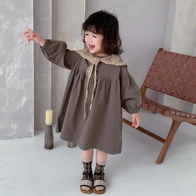 

2021 Spring New Kids Dresses For Girls Lace Hollow Out Collar Children Long Sleeve Princess Dress Fashion Girls Costume Vestidos