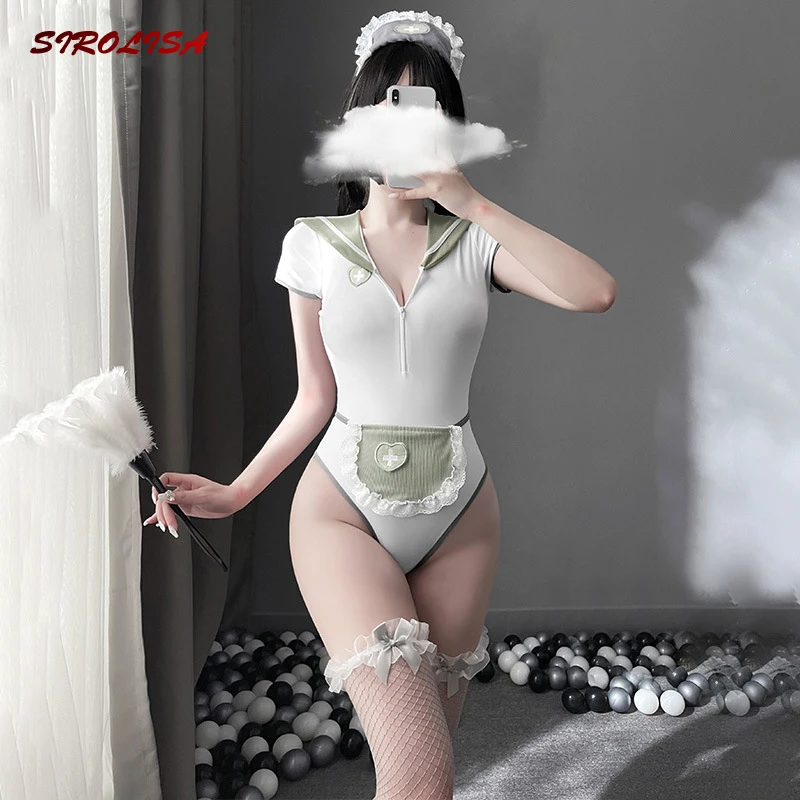 

5Pcs V Neck Women Kawaii Zipper Sailor Collar Cosplay Costumes Sexy Bodysuit Bunny Girl Nurse Maid Outfit Erotic Student Uniform