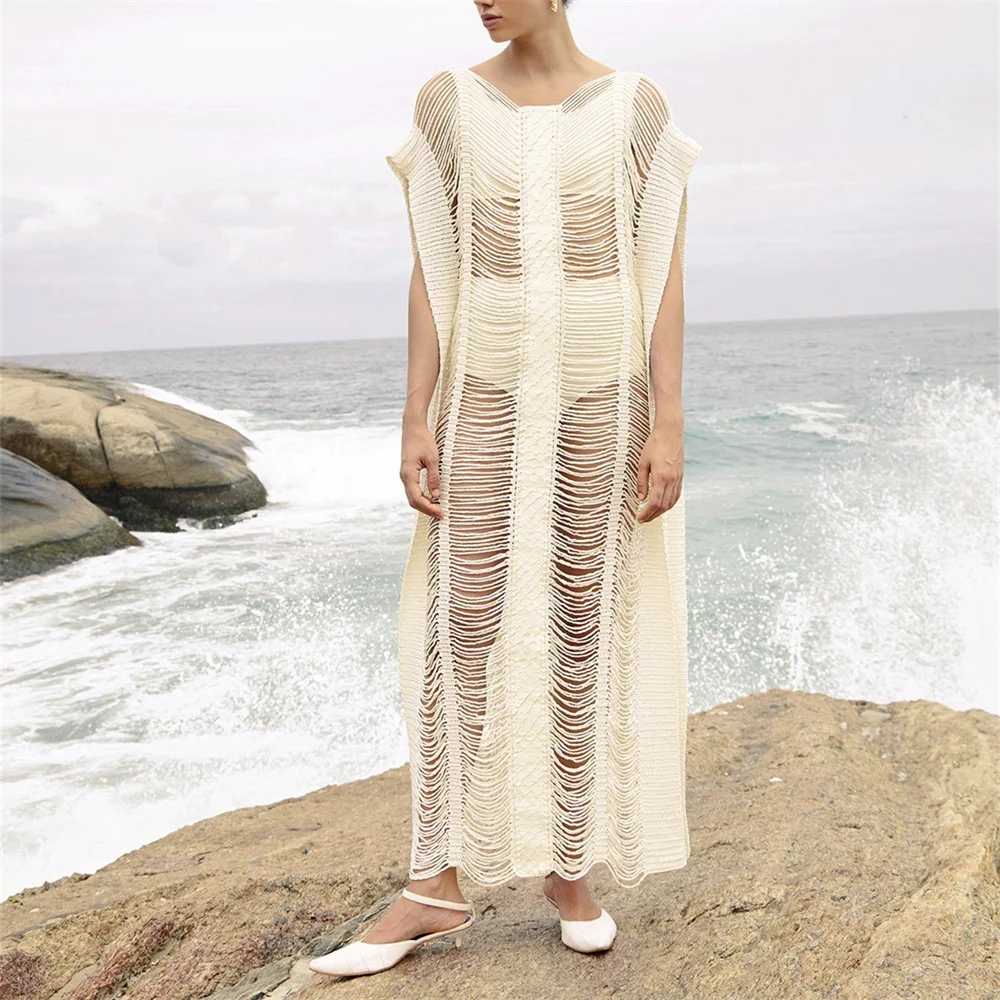 

2021 Sexy Women Long Knitted Dress Backless V Neck Floor Length Crocheted Dresses Hollow Out Loose Crochet Beach Cover up Dress