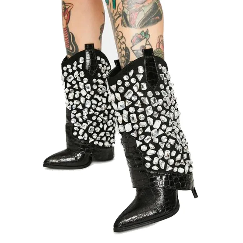 

Fashion Cowhide Pointed Toe Flanging Rhinestone Fashion Boots New Solid Color V-shaped Sleeve Stiletto High Heel Catwalk Boots