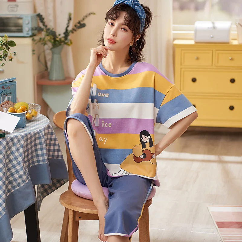 

Fashion Black Stripe Cotton O-Neck Plus Size Female Nightgown Summer Pajamas For Women Kawaii Cartoon Short Sleeves Sleepwear