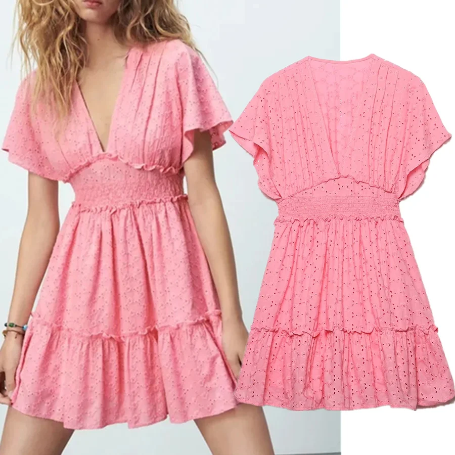 

Elmsk Dress Women De Fiesta De Noche England Style High Street Vintage Vneck Hollow Out Embroidery Summer Party Mini Vestidos