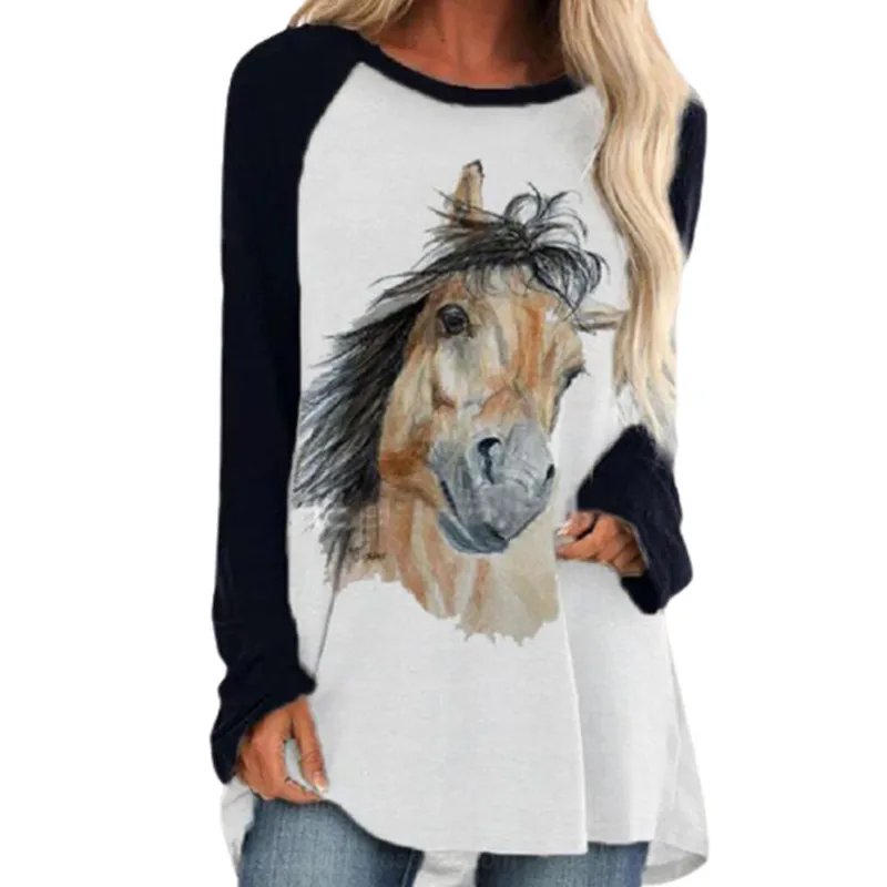 Женская длинная футболка с круглым вырезом длинным рукавом и принтом