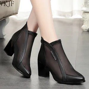 Mesh Boots Sandals Woman Ankle Summer Boots Pointed Toe Sexy Women's Shoes for Female Black