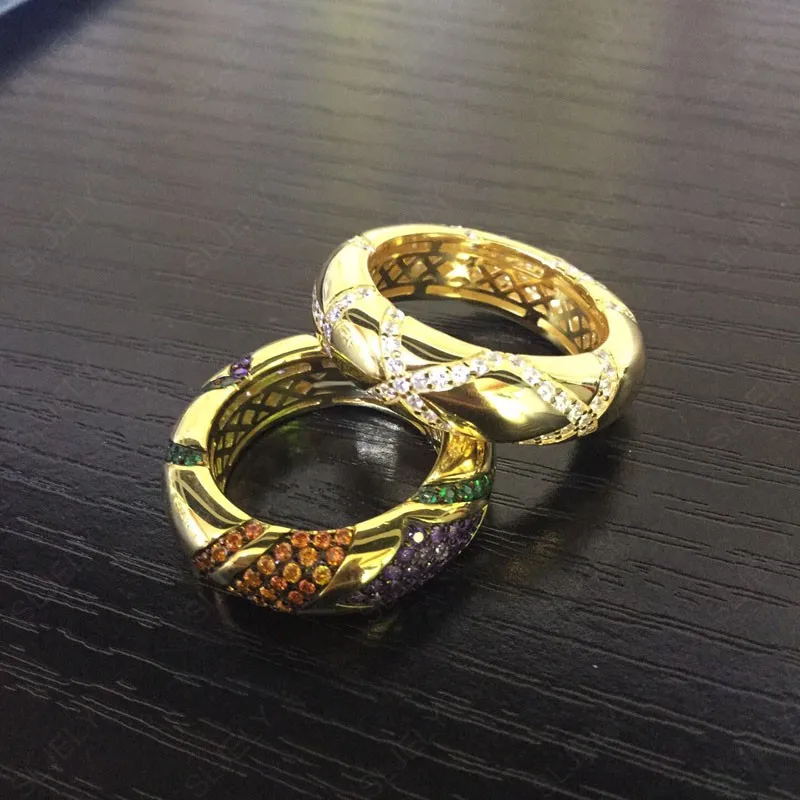 Baoyocn Luxury 925 Sterling Silver Yellow Gold Color Multicolor Large Tribal Finger Ring Paved Geometric Shapes Stones for Women | Украшения
