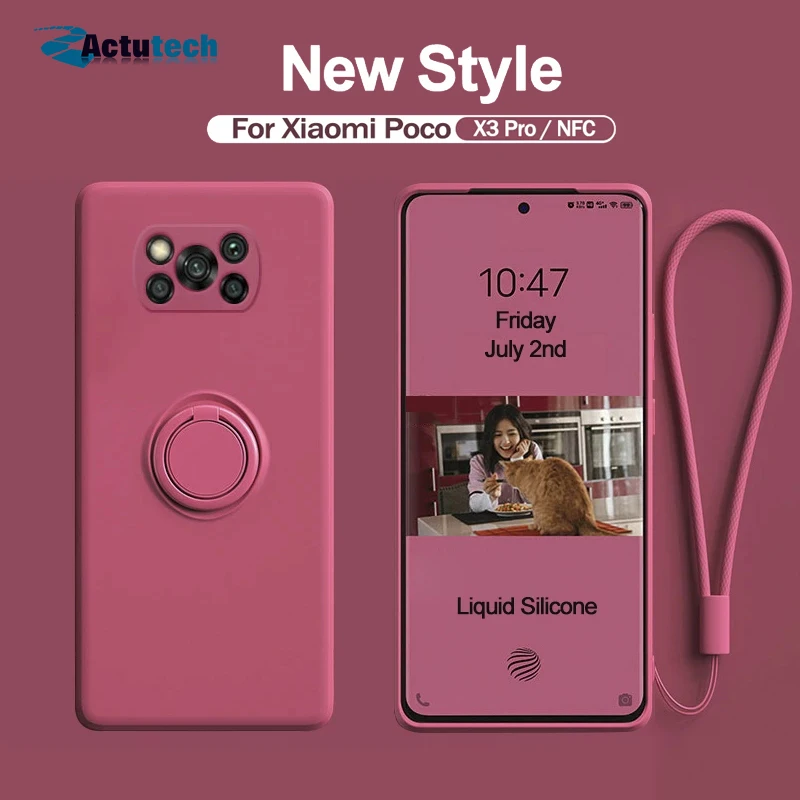 

For Xiaomi Poco X3 NFC Pro Case Liquid Silicone Soft Ring Holder Strap Cover poco x 3 pro x3 nfc pro m3 f3 poko x 3 Lanyard