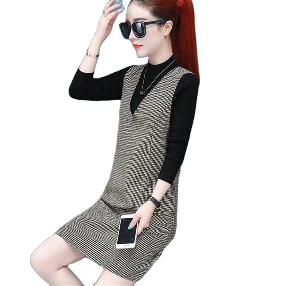 Женское Шерстяное Платье До Колена демисезонное клетчатое платье большого