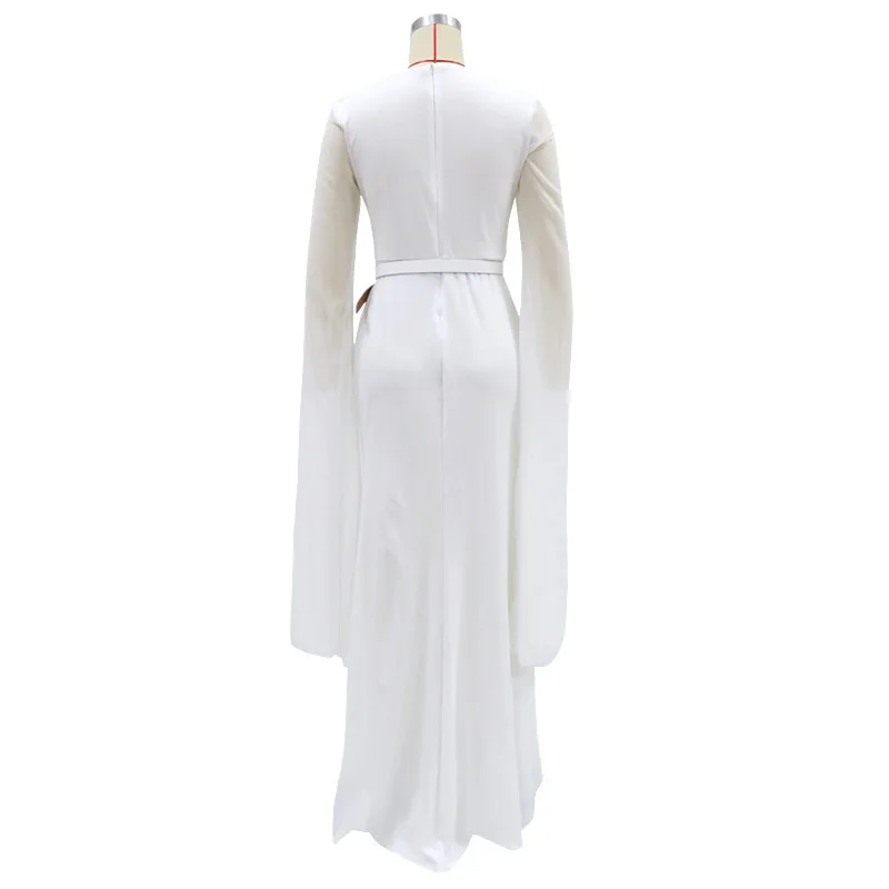 

Runway Long Sleeve White Bodycon Dress 2021 Fall Women Formal Bridesmaid Party Dresses Solid O-Neck Maxi Dress With Belt