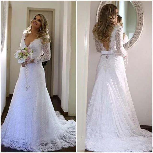 

2022 Gorgeous Arabic Winter Mermaid Long Sleeves Wedding Dresses Lace Deep V Neck Backless Court Train Wedding Gowns