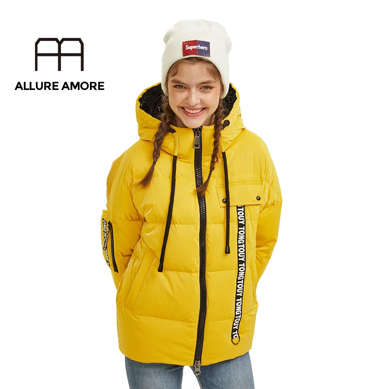 Allure Amore зимнее Новое поступление женское с капюшоном контрастного цвета толстое теплое модное женское короткое пуховое пальто
