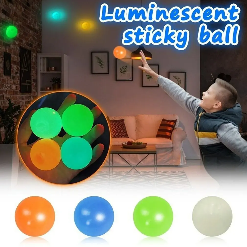 

4pc Stick Wall Ball Glowing Globbles Fidget Toy Squash Xmas Sticky Target Ball Stress Ball Decompression Throw Novelty Kids Gift