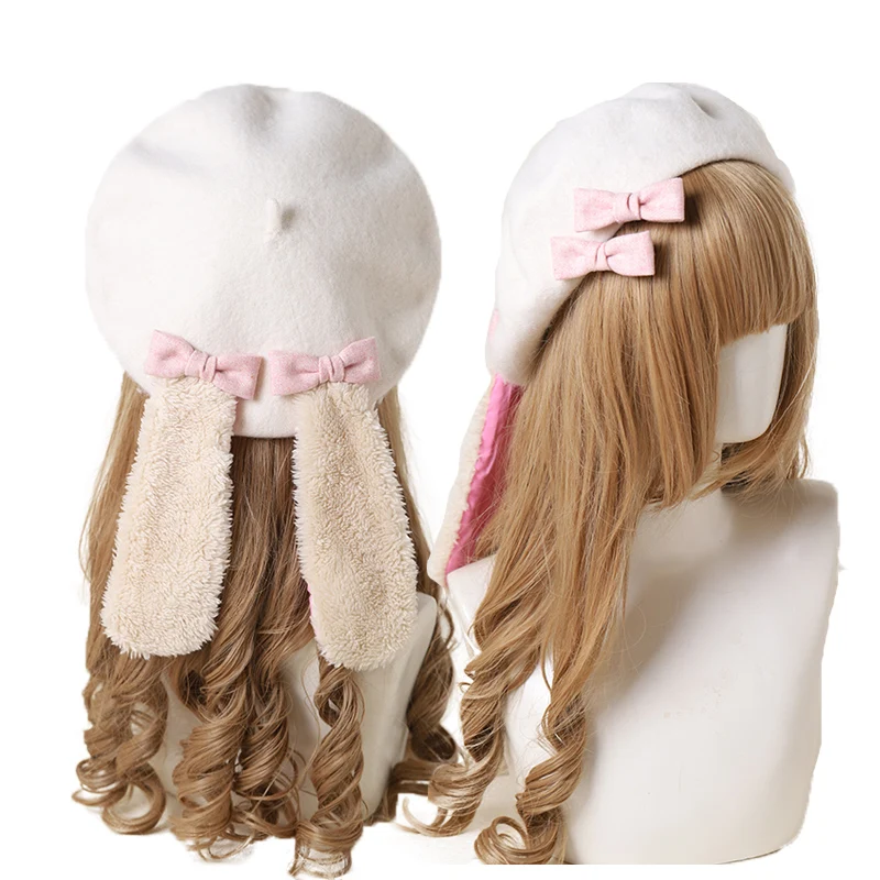 

Lolita loppy eared rabbit hat beret buds sprout is Japan baked wheat cake wool cap painter cap dress accessories - by hand