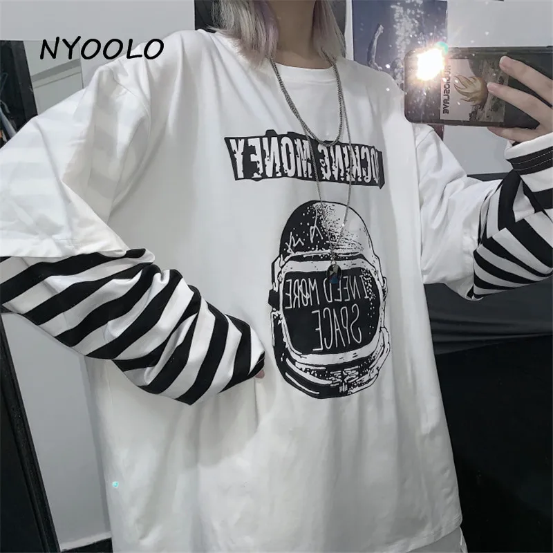 NYOOLO Autumn Vintage Pattern letters Printed fake 2 Pieces tee shirt Harajuku Style Loose Long Sleeve T-Shirt women men Top | Женская