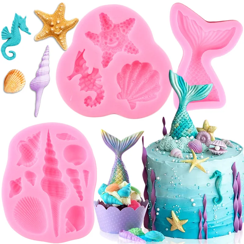 Ocean Theme Silicone Mold Mermaid Tail Seashell Starfish Seahorse Conch Chocolate Cupcake Topper Fondant Cake Decorating Tools