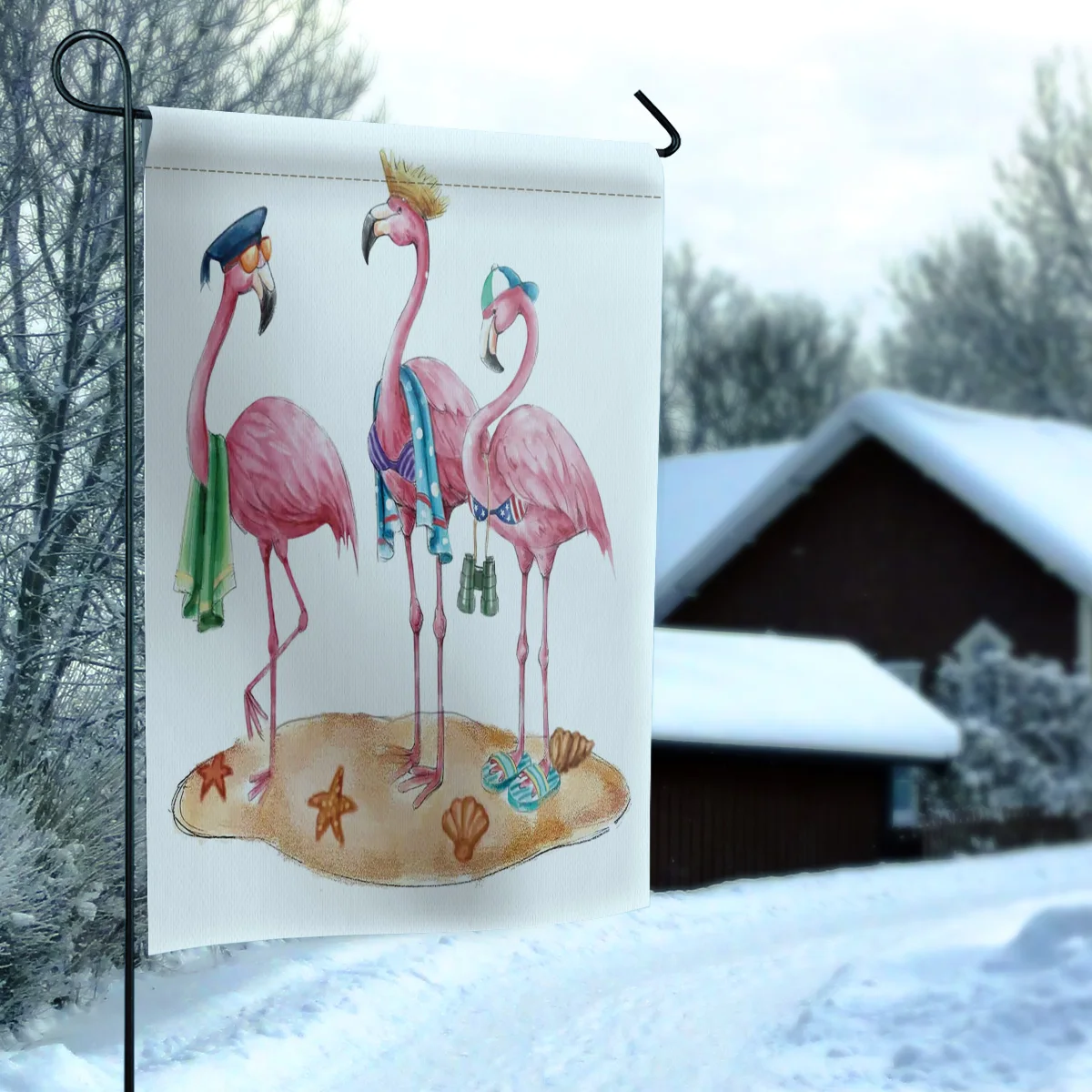Садовый флаг скандинавский фламинго мультяшный домик двухсторонний