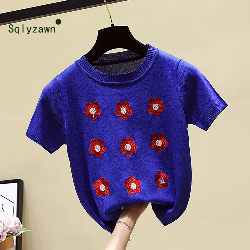 Женский свитер пуловер Тонкий Трикотажный Хлопковый топ с вышивкой и цветочным