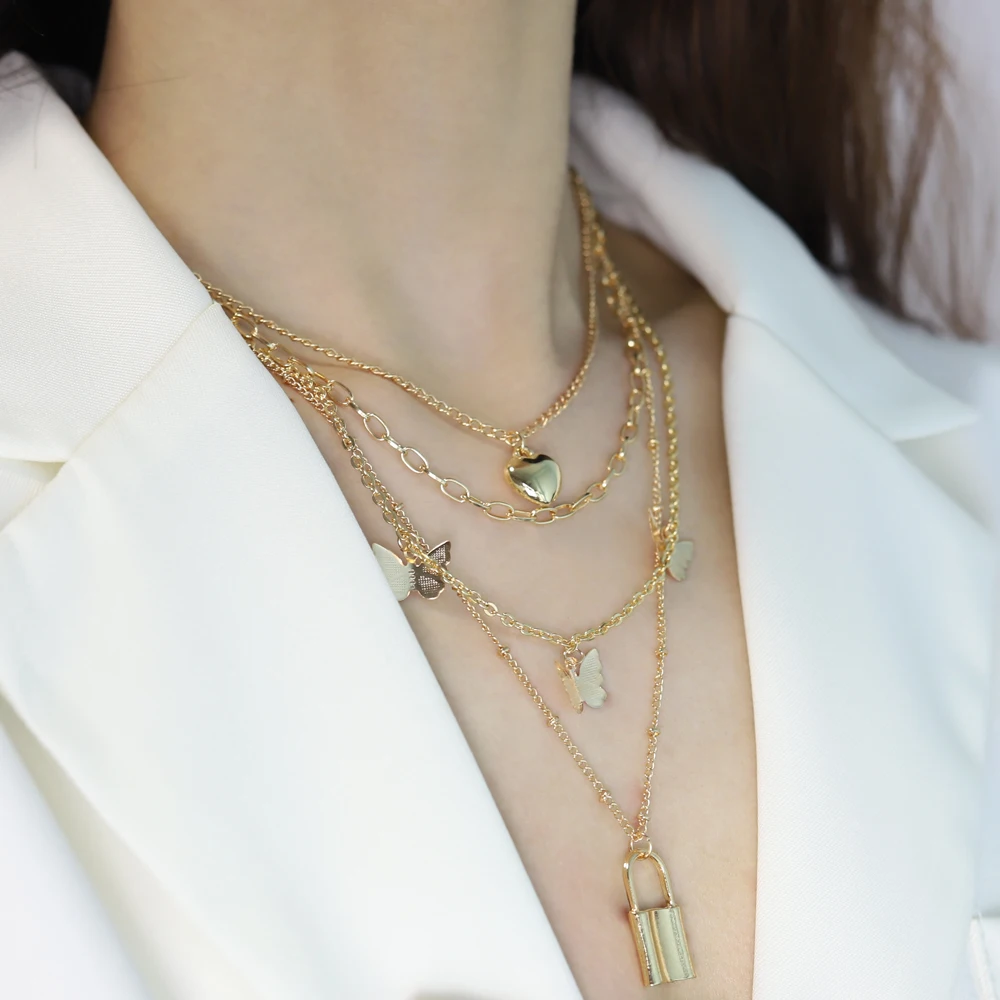

European and American New Jewelry Retro Street Style Love Lock Multilayer Necklace Female 4 Layer Metal Butterfly Necklace
