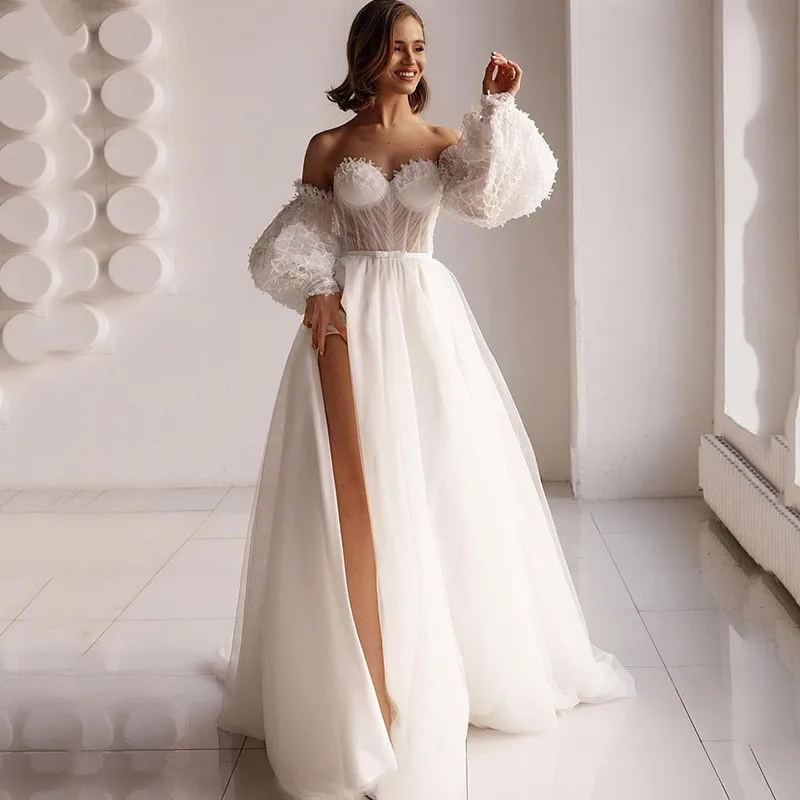 

Sexy Vintage Wedding Dresses Puff Long Sleeve Wedding Gowns Sweetheart Robe de Mariage 2021 Boho Bride Dress Split Side Bow