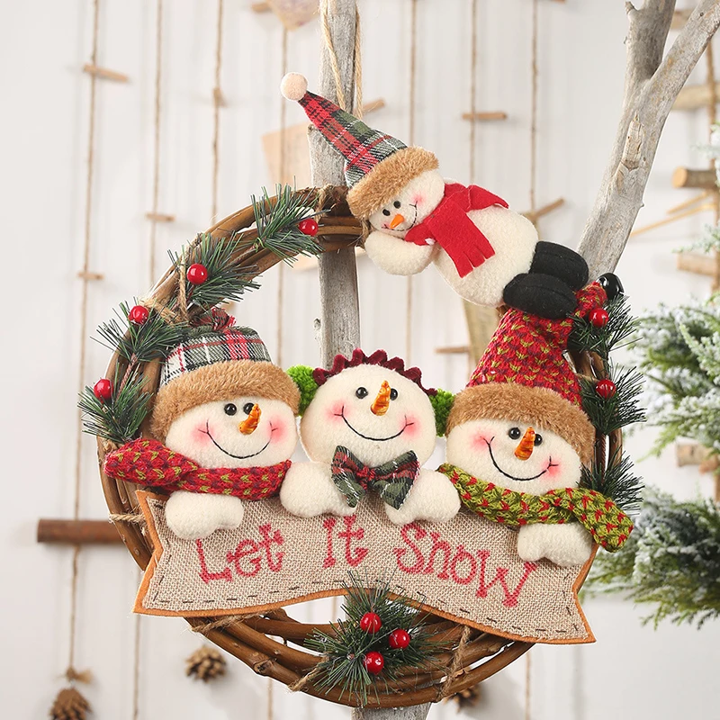 

Home Decor “merry Christmas”sign Hanging Front Door Rattan Circle Cartoon Letter Plaque Santa Snowman Elk Party Home Wall Decor
