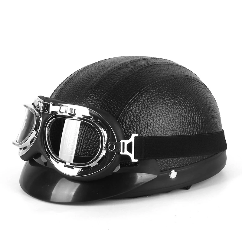 

Mini Motocycle Helmet Retro PU Casque with Goggles Visors Protection Moto Bike Crash Helmet Summer Half Helmet Motocross Casco