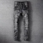 Мужские серые облегающие джинсы, мотоциклетные брюки, джинсы в стиле хип-хоп, мужские джинсы-ботинки, Мужская Уличная одежда, штаны-карандаш стрейч из денима, брюки