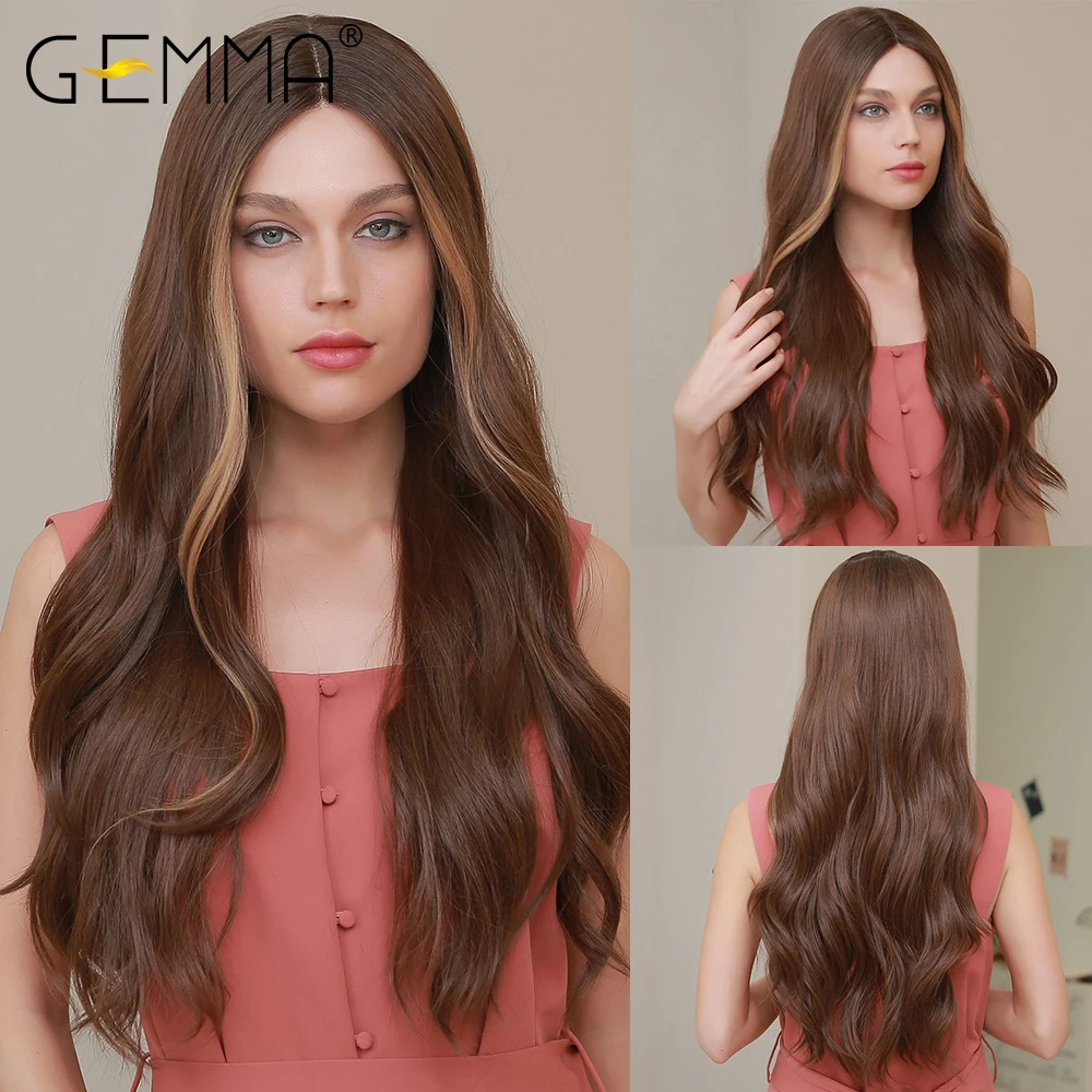 

Синтетические волосы GEMMA, парики на сетке, коричневые, светлые, хайлайтер, длинные волнистые, средней части, парик на сетке для чернокожих же...