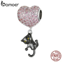 bamoer genuine 925 sterling silver hearted balloon black cat charms pendant fit for women bracelet making jewelry beads gift