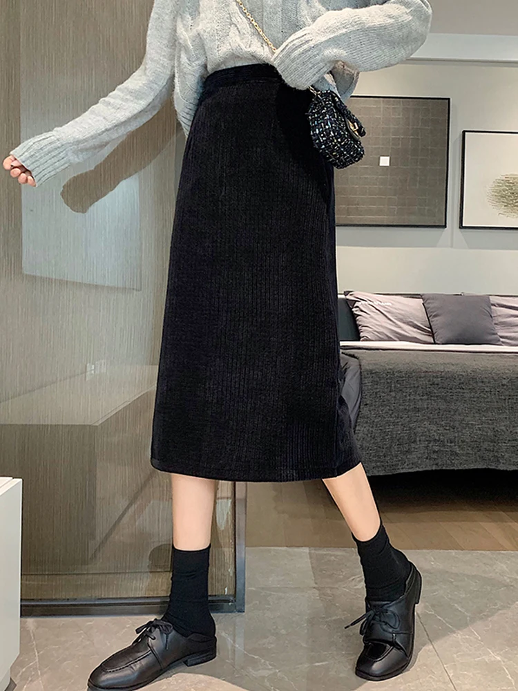 

Corduroy skirt autumn and winter women's 2020 new skirt mid-length high waist slimming hip skirt one-step skirt