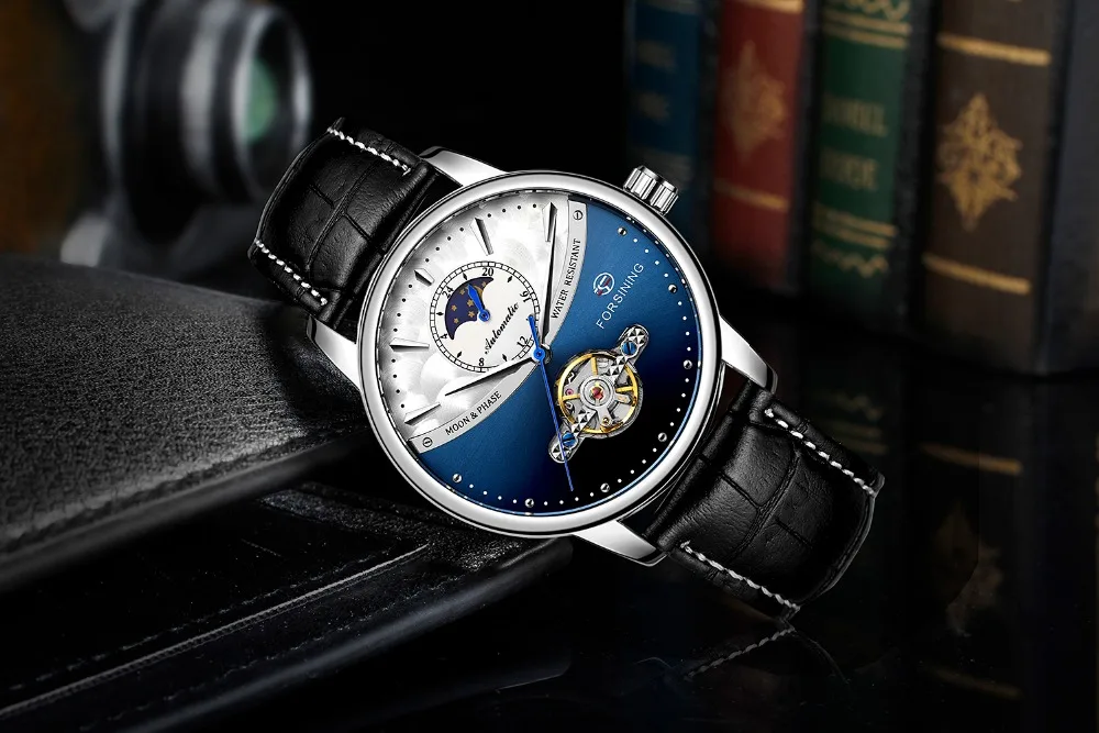 Классические Механические часы Forsining Blue Moon Phase, автоматические турбийон, мужские часы из натуральной кожи, мужские часы, Прямая поставка