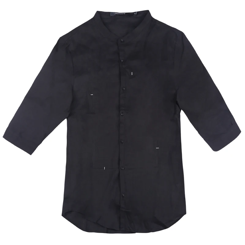 Men's Casual Shirt Fashion Ramie Medium Sleeve Shirt Double Layer Cloth No Pocket Solid Color Formal Shirt