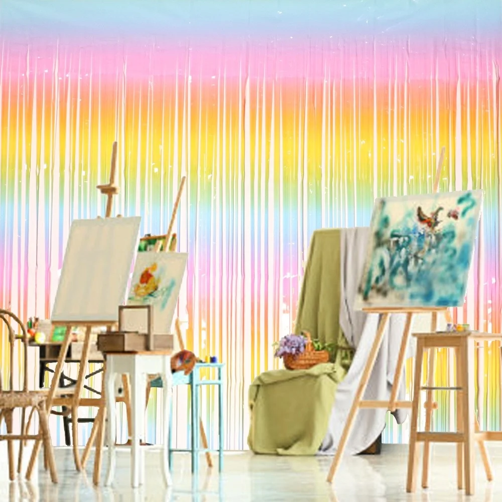 

2022 New Year and Christmas Home Decoration Rain Silk Curtain, Length 2m, Festive Party Scene Layout, Macarons Gradient Curtain,