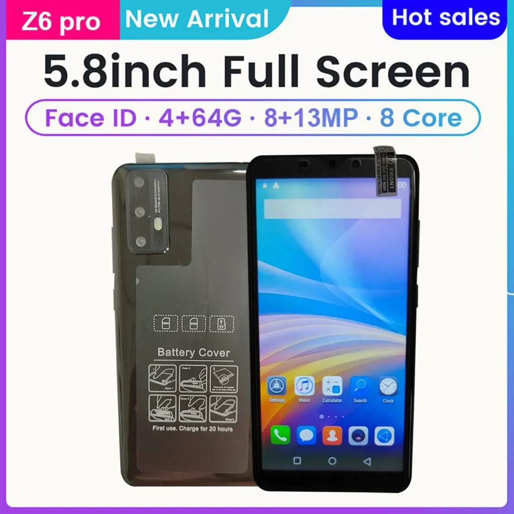 

Z6 Pro Smartphone 5.8 Inch Screen Smartphone 512M+4G Android Smartphone 3D Glass Plated Back Cover Black