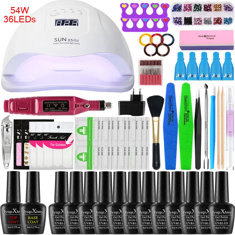 12 colors 54W Набор для ногтей маникюрный набор лампы forNail гель 18/12 шт набор для полировки ногтей, набор инструментов для маникюра УФ-гель Лаки All for комплект маникюрный набор - Цвет: 12 colors 54W