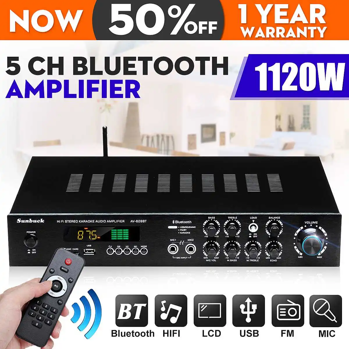 

Усилитель мощности 220 в AV, автомобильный аудиосабвуфер без потерь, Hi-Fi стерео Bluetooth объемный звук, цифровая мощность, Умный домашний караоке-...